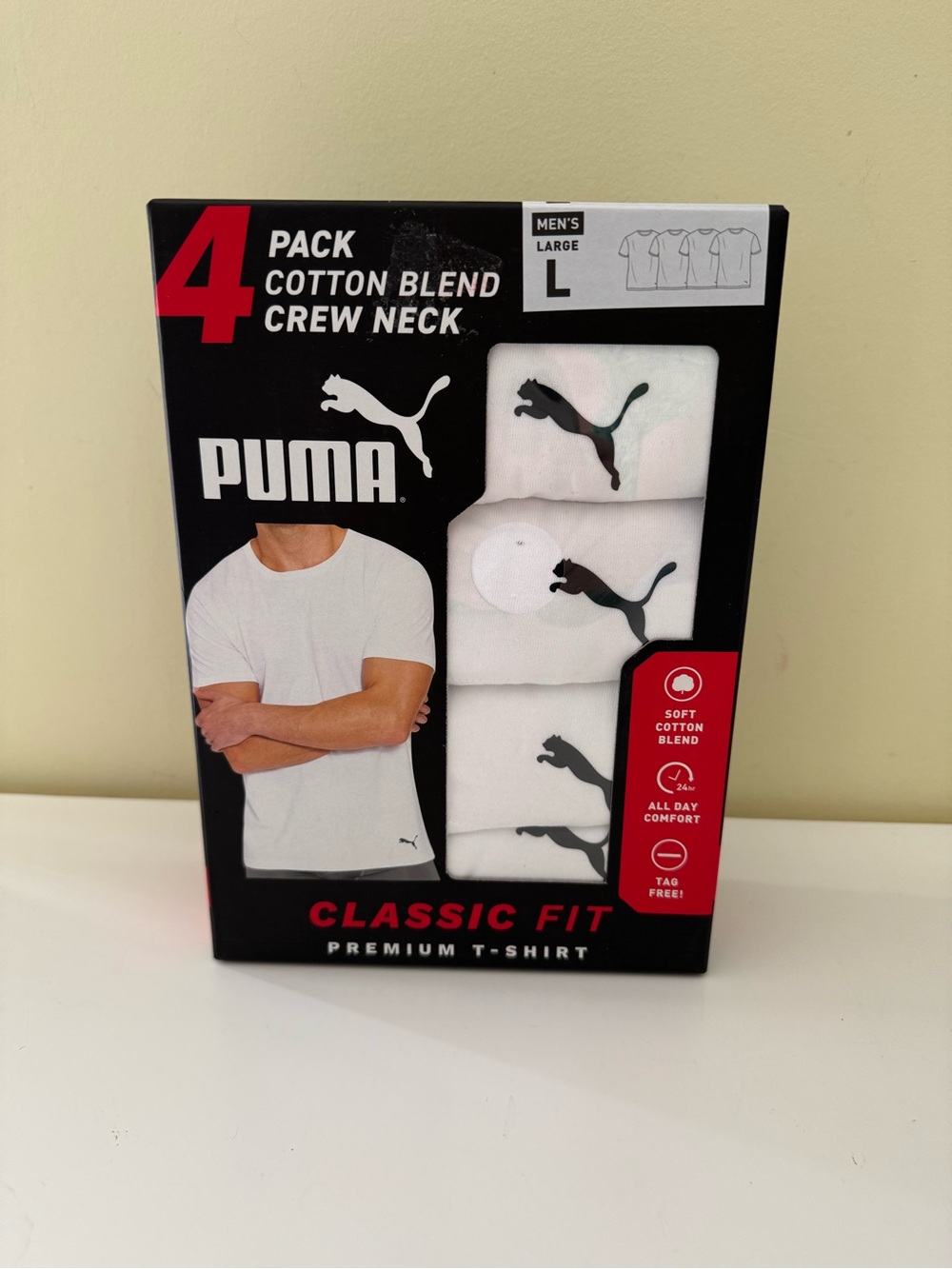 Brand New Puma Premium Cotton Blend Crew Neck Mens T-shirts Set 4 Pack, L